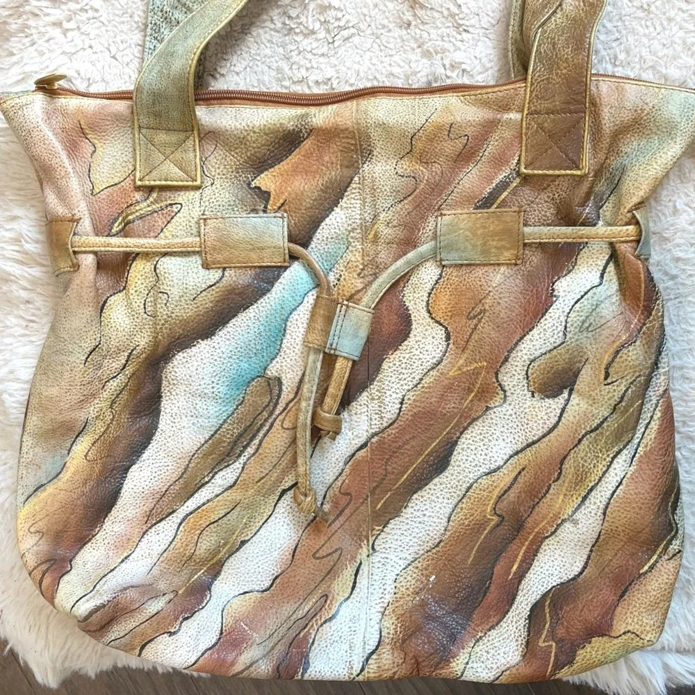Vintage Hand-Painted Leather Tote Bag Abstract Earth Tone Wave Shoulder Bag